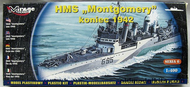Mirage Hobby 1/400 HMS Montgomery (ex USS Wickes DD75) - Late 1942 - Flush Deck Four Pipe Destroyer, 40607 plastic model kit